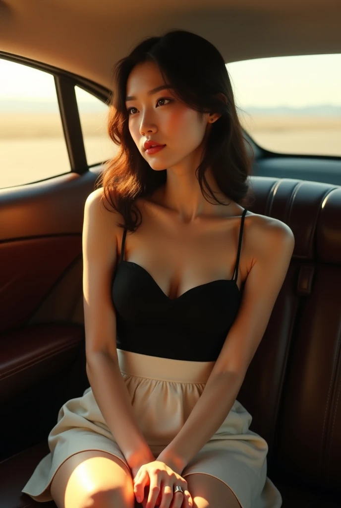 A beautiful asian woman, wearing a white mini skirt, and black tank tops, sitting on a car seat