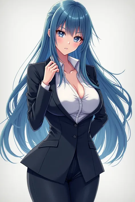 Anime woman, grosses fesses, Her breasts are huge, costume d'affaire, long blue hair