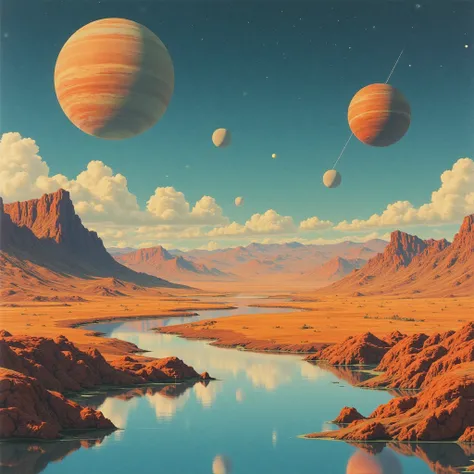 Hiroshi nagai painting . Landscape. Alex bonestell. Planets