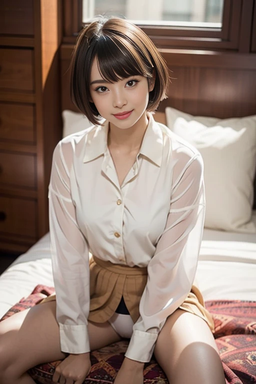 realistic、It's not unnatural、natural details、 inside a hotel room 、 from below、A single adult woman sits on a chair、 holding legs、(has slanted eyes and sharp eyes1.8)、(short hair with shaggy 1.5)、(short shaggy 1.8)、( has bangs)、 gentle smile、 White Coat、Be...