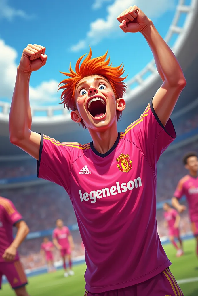 Do a red-haired 28-year-old boy cheering with a pink team t-shirt "Legenelson"