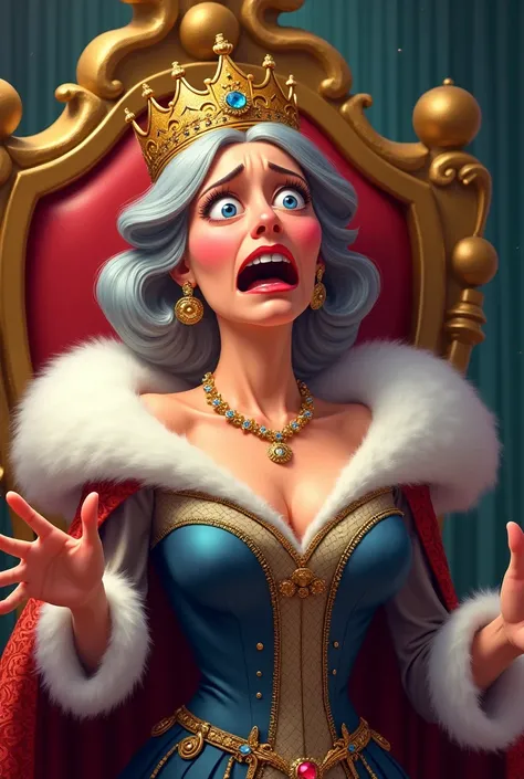 Make an image of a woman 30+, Who is queen but is suffering dramatic whining make a comical and dramatic image like a cartoon