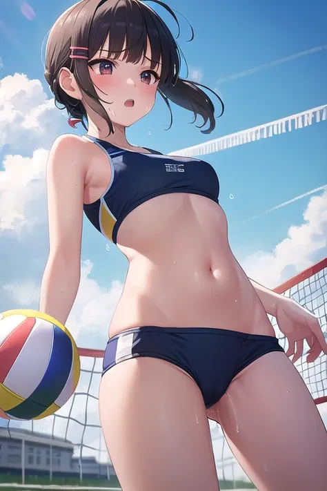 ((top quality)), ((masterpiece)), (Details),  1 girl。blunt bangs。Short Hair。braided ponytail。ahoge。Cute hair clip。 look so young。(small breasts)。(moving composition)。 beach volleyball。Sports swimwear。sweat。pussy juice spills。Jump to receive and fall to the...