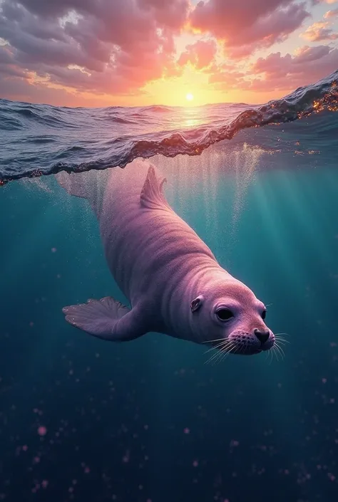 A gigantic pink seal dives into the deep ocean, creating shimmering waves in neon blue and metallic purple hues. Tiny golden bubbles rise around her as she vanishes. Her massive body glides effortlessly into the abyss. The water’s surface reflects the last...