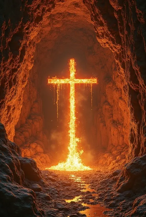 A hidden cavern deep within a mountain, where the walls glow like molten gold, revealing ancient inscriptions of scripture. At its heart, a Cross of crimson fire stands unconsumed, its flames dancing yet never harming. The air hums with divine power, and t...