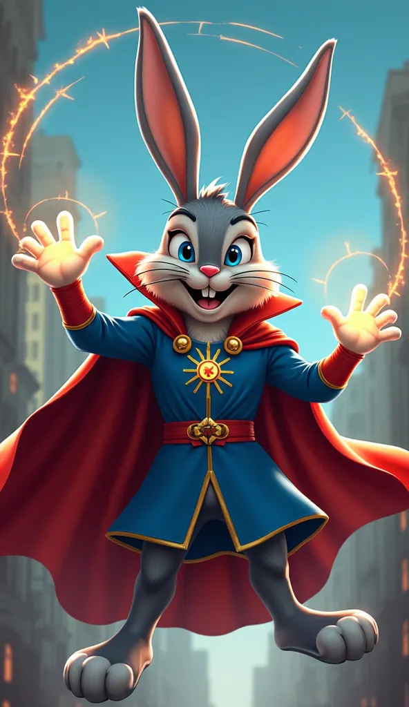 Bugs Bunny as Doctor Strange
"Create an image of Bugs Bunny dressed as Doctor Strange, wearing a blue cloak with the iconic red Cloak of Levitation, the Eye of Agamotto glowing on his chest. He should be conjuring mystical spells with his paws, drawing mag...