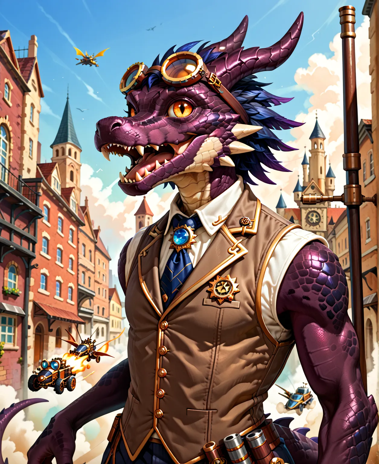  Little Black kobold, black skin, black kobold-man, evil kobold, tail, furry cobold,  yellow eyes, hair flap top, black dragon scales, pilot glasses with round lenses on his head, wearing a grey vest , military uniform,  steampunk, in his hand, a battle ha...