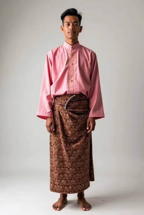 a man in a pink shirt and brown patterned skirt standing on a white surface, a portrait inspired by I Ketut Soki, instagram, dau-al-set, traditional clothes, traditional clothing, wearing authentic attire, traditional dress, wearing traditional garb, baron...