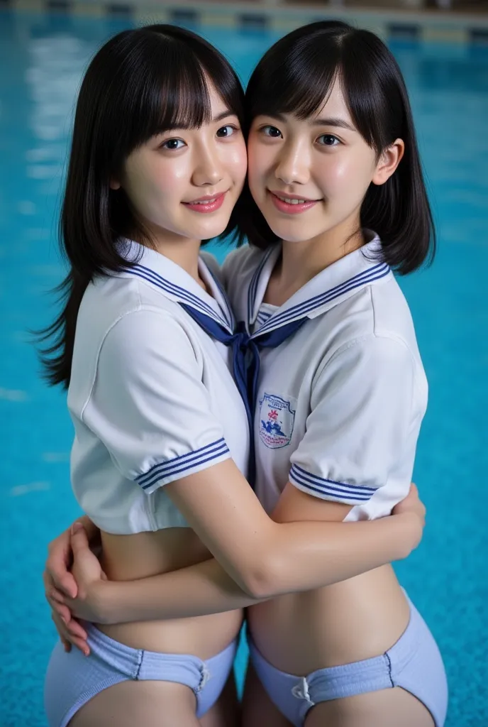 Two Thai lesbians hugging each other in a swimming pool. Both are wearing student uniforms, wet and thin bikinis, beautiful and sexy. The light is dim, they are hugging from behind.