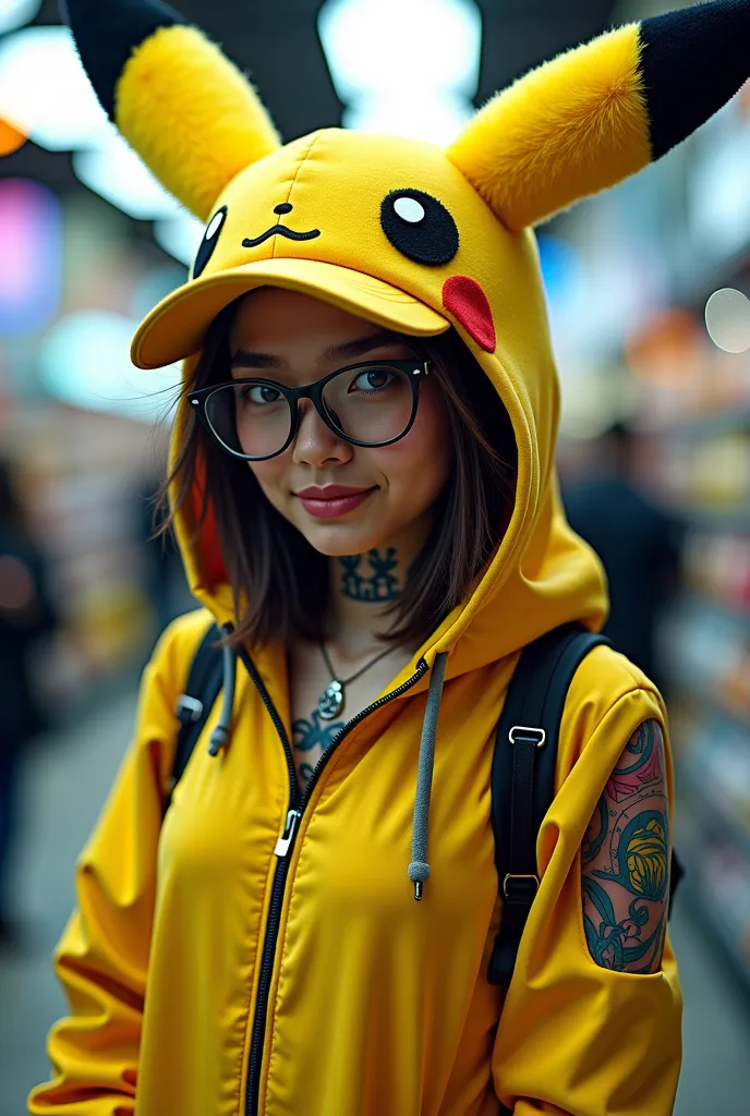 araffe with a yellow hat and glasses posing for a picture, cyberpunk pikachu, pokemon inspired, real life pikachu, misty from pokemon, pikachu as a human, half pikachu, with tattoos, jessica nigri, inked, anime girl in real life, anime character; full body...