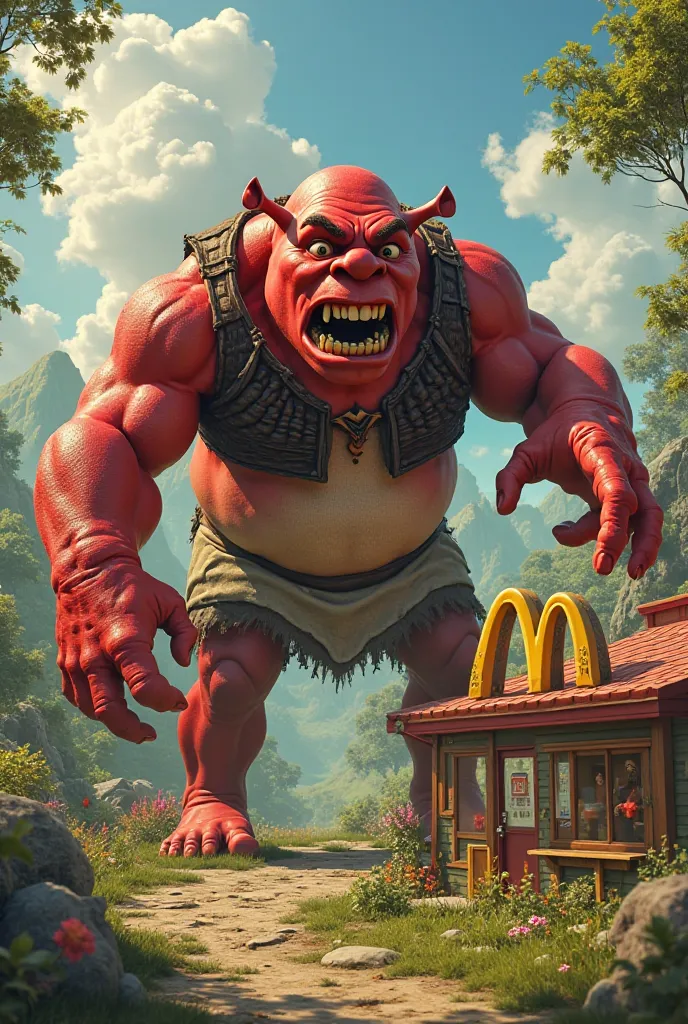 Give me an image of shrek  however his skin is red and he is reaching for a mcdonalds