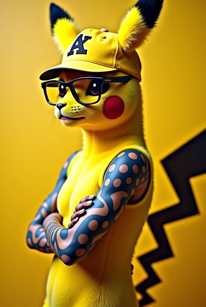 araffe with a yellow hat and glasses posing for a picture, a photo inspired by Eiichiro Oda, reddit, furry art, cyberpunk pikachu, pokemon inspired, real life pikachu, misty from pokemon, pikachu as a human, half pikachu, with tattoos, jessica nigri, inked...