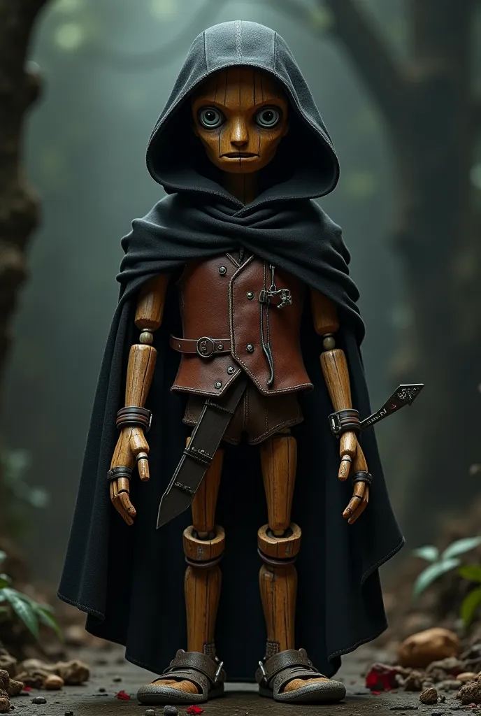 Pinocchio with leather vest, black hooded blanket, sword blade attached to left arm, short stature