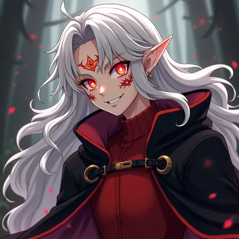 Elf vampire man ,youthful looking , with long white hair,  red glowing eyes , with a smirk and red cloud tattoos on his face with an earring in the shape of an eye, there is a third eye on the forehead with a golden pupil , wearing a black cloak , red swea...