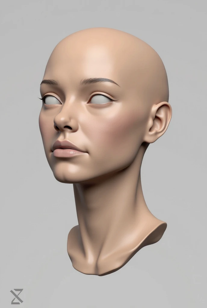 Draw a Caucasian female human head, no hair, front view,  side view, front view, zbrush 3d modeling style for reference study 