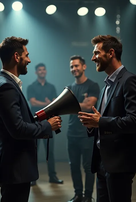 A realistic video of Lionus El Messi as film director on a professional recording set, mientras  Cristiano Ronaldo actúa en la película. Messi wears an elegant director's jacket and headphones while holding a megaphone, giving instructions with precision a...