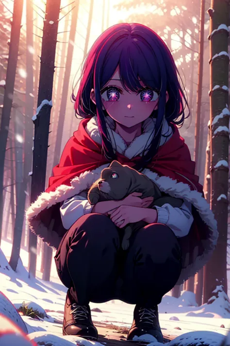 aihoshino, Love Hoshino, long hair, bangs, (purple eyes:1.1), purple hair, (Symbol-shaped pupil:1.5), smile,,smile,,  white braces ,
 open your mouth ,snow,Ground bonfire, Outdoors,  Bbo~, snowing, From the side, wood,  suitcases, Cape, Blurred, , forest, ...