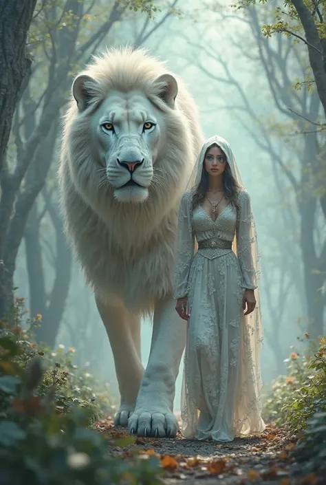 A woman wearing a hodie dress walks with a large white lion