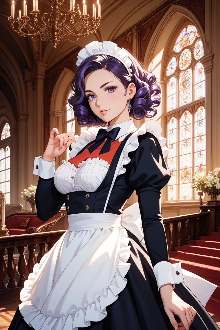 紫と黒のメイド服　 Gold　Purple and black maid clothes with curls on the tips