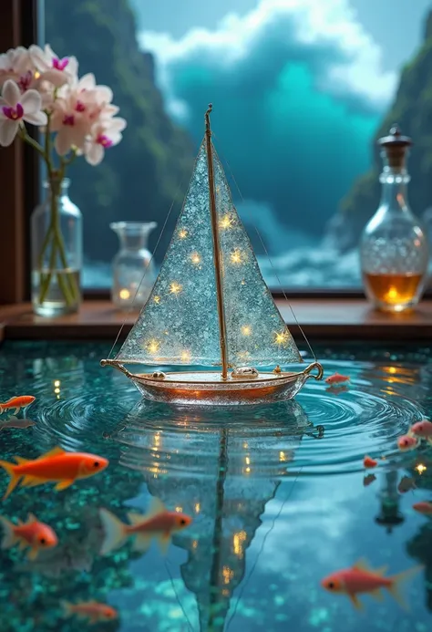 Macro image of a miniature crystal sailboat, sailing in an aquarium with colorful fish on the table in the alchemist's laboratory, stormy sea, a vase with orchids in the corner