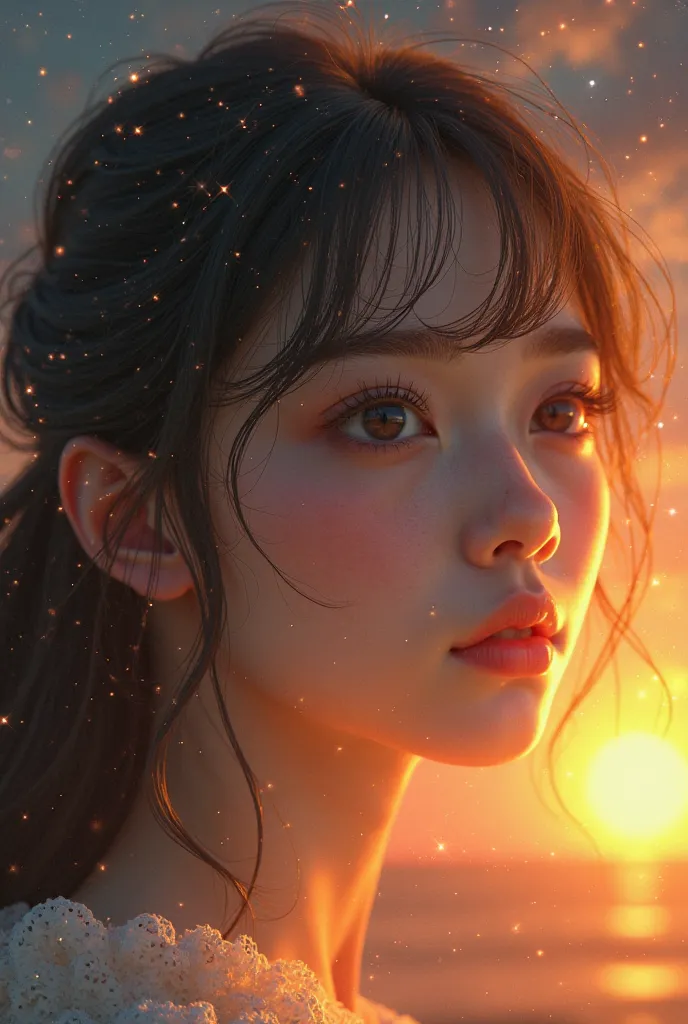 i want to create a girl with sunset on face and in background stars and sine