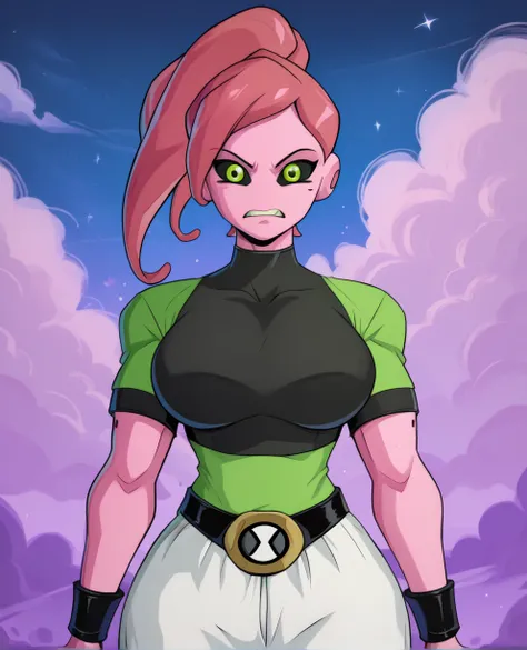 score_9,score_8_up,score_7_up,
femjinxl,pink skin,green eyes,black sclera,tentacle hair,pink ponytail,
white baggypants,belt, spandex shirt, black shirt, green shirt, long shirt, m belt, big breasts,
looking at viewer,
standing,night,cloudy sky,
solo, ben1...