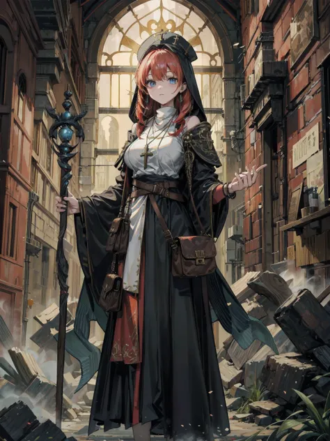 cowboy shot, large breasts, narrow waist, red hair, Priest, wood necklace, clergy hat, cloak, dark dull oversized Priest tunic, skirt, holding long wood staff, big shoulder bag, bare shoulder,