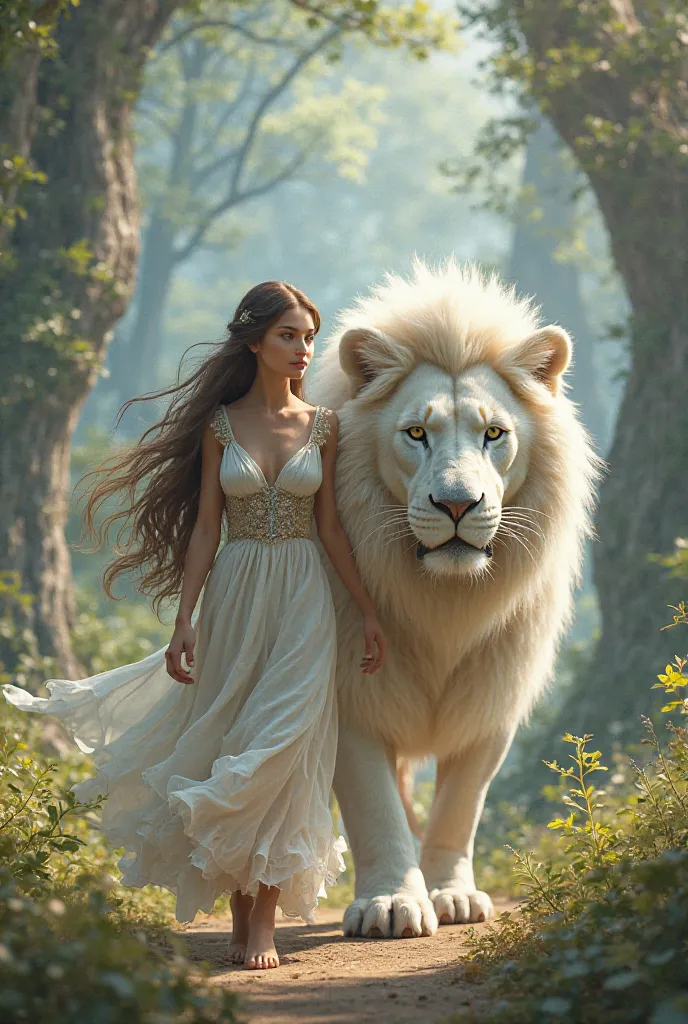 Gorgeous chick walking with big white lion tall