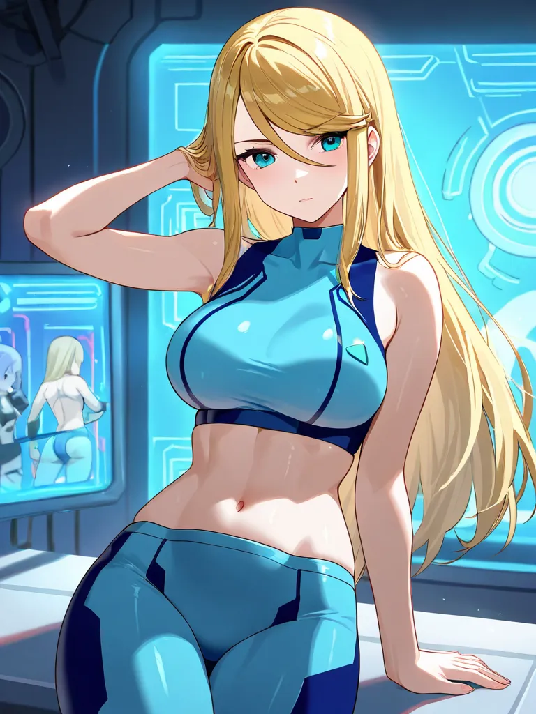 Samus　blonde straight hair with loose hair　Half naked　 blue sports bra　In the middle of an action wearing a zero suit　cool look　cyber room