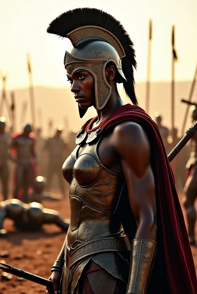 A stunning, hyper-realistic film 300-style image of a black female warrior from ancient Sparta, her dark skin glistening with sweat in the harsh sunlight. She is clad in dark bronze armor, adorned with intricate engravings and animal motifs, evoking the st...