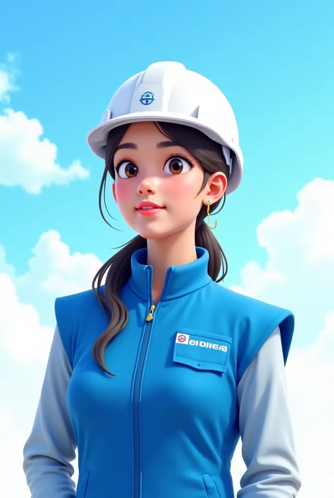 Female engineer with white helmet white background bright animated sky blue engineering vest between 20 and 25 years old 