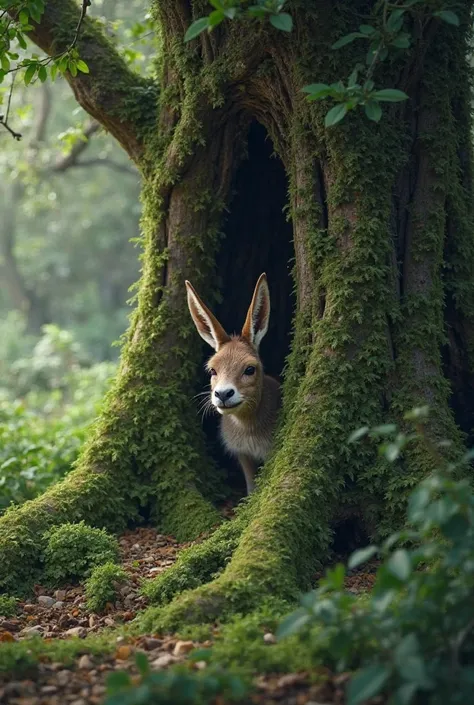 A picture of a tree behind which an animal hides, showing only its long ears like the ears of a donkey 