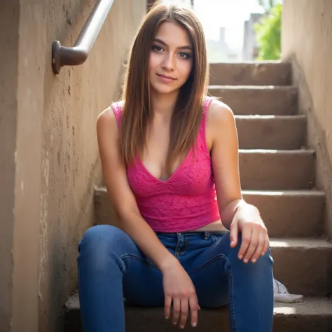 woman sits on a staircase. Has a pink blouse on.  and jeans . She's wearing sneakers.  style photorealistic ,  sharp focus, very detailed, sunlight, Detail,  full body