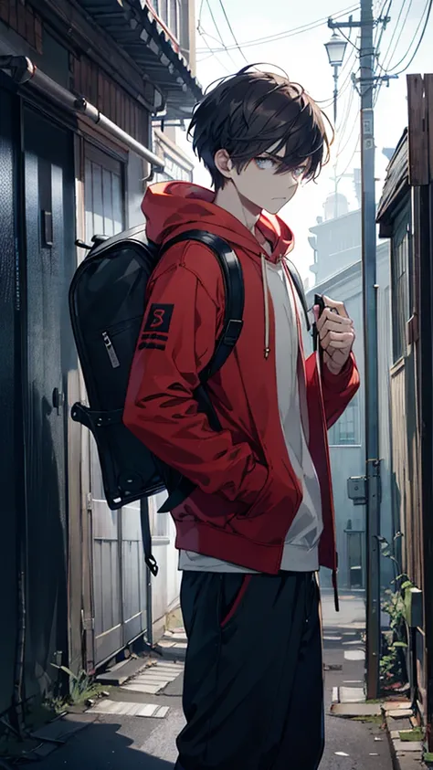 “A young age boy with a serious and determined expression. He has short, slightly messy dark hair, sharp eyes, and a strong jawline. His clothing is slightly worn, with a hoodie and a well-used backpack, indicating a life of responsibility and exploration....