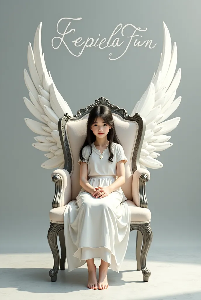 Create realistic image a 's  girl is sitting queen chair with white wings and behim him the colour of the wall is gray on which aksara written in curve style