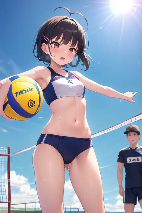 ((top quality)), ((masterpiece)), (Details),  1 girl。blunt bangs。Short Hair。braided ponytail。ahoge。Cute hair clip。 look so young。(small breasts)。(moving composition)。 beach volleyball。Sports swimwear。sweat。pussy juice spills。Attacking the ball。