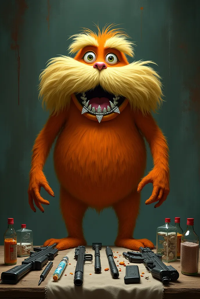 Create an image of the Lorax where he has diamonds in his teeth and in front of him is a table with guns and drugs