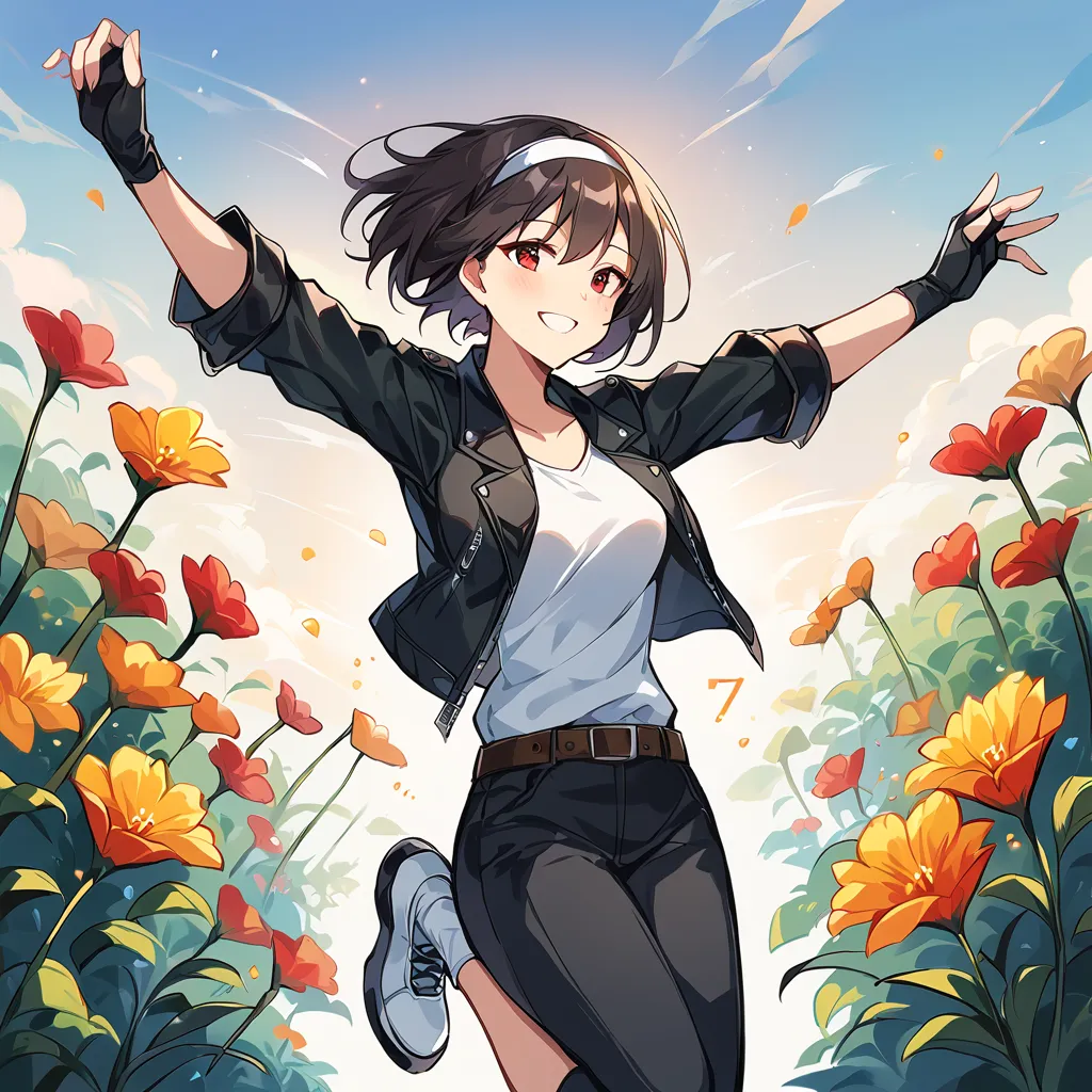  score_9, score_8_up, score_7_up,source_anime,1-girl,solo,light black hair, short cut, red eyes, brown skin, half eyes, (flirty eyes), (posed jumping), BREAK, flower garden, medium chest, dressed in ((black leather with rolled up arms jacket)), open jacket...