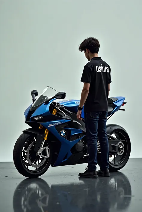  A  is wearing a shirt that says Ushira and looks at a bmw 1000 rr bike