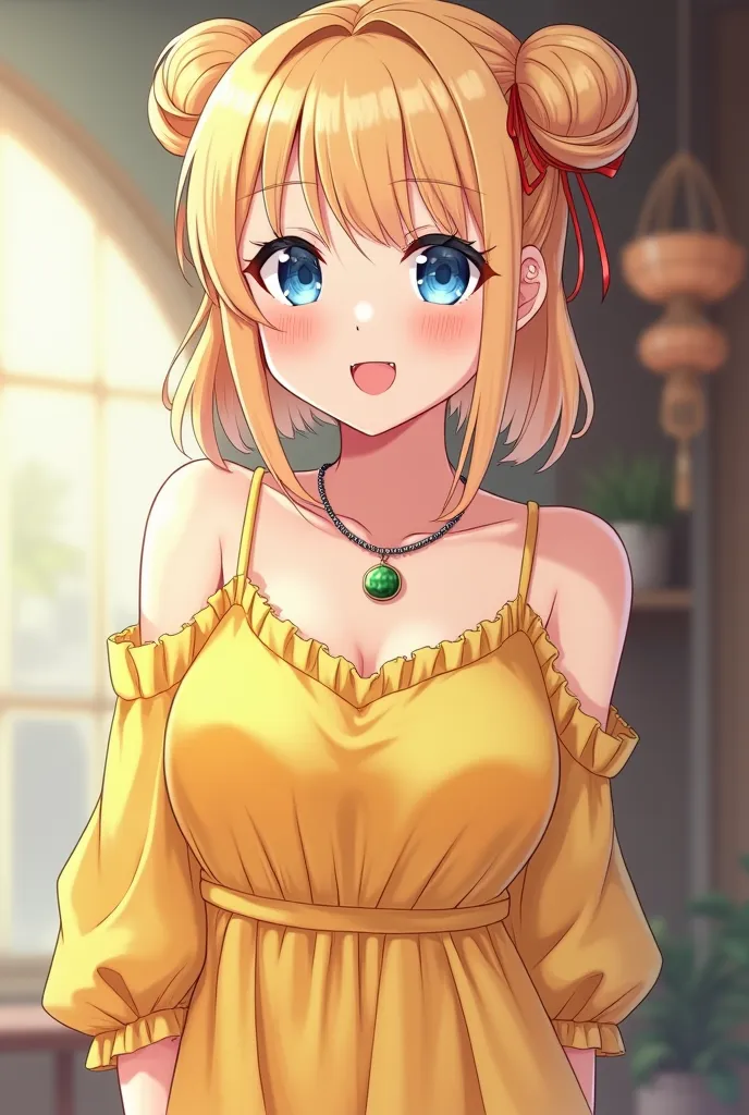 (great quality, 4k,  super resolution , anime, masterpiece, the best quality) Vtuber girl, with blond hair two-ball Chinese hairstyle, semi-short straight hairstyle up to the neck with a fringe that has a straight cut, beautiful detailed blue eyes, beautif...