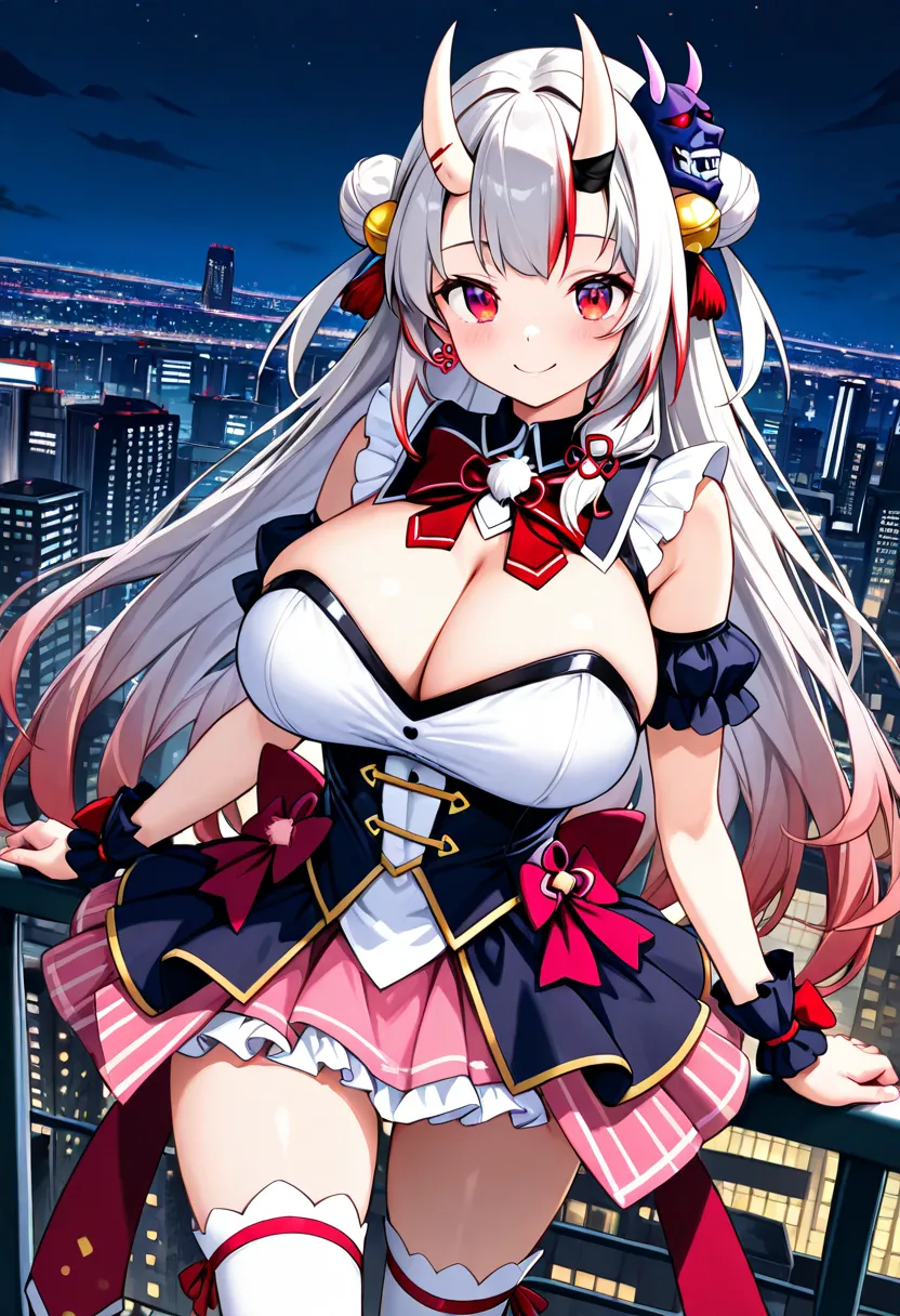 (Highest quality , 8k , masterpiece , incredibly absurdres , perfect body , super detailed skin , highly detailed eyes and face , 1 woman ) ,  nakiri ayame , Silver Hair , red eyes , demon horn , smile ,  will be happy , ( magical girl outfit , city , nigh...