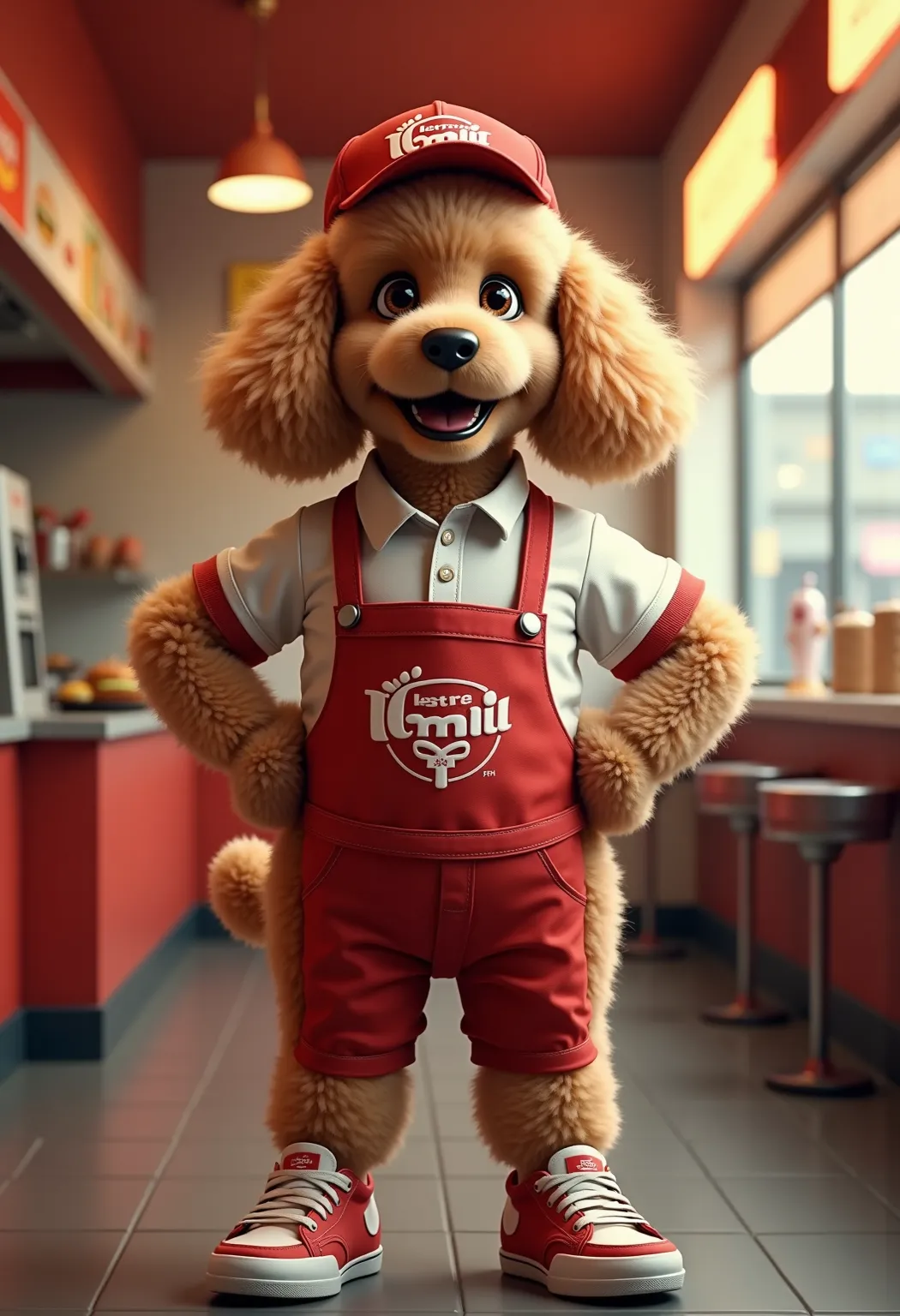 photorealistic full body portrait of Dressed animals - a ((fat)) (toy poodle) fast food worker,(art by Carne Griffiths),(happy smile:1.5),(furry), high quality,(lovely) hands on hips,, (Wearing fast food shop uniform) , (wearing apron and shirt with logo),...