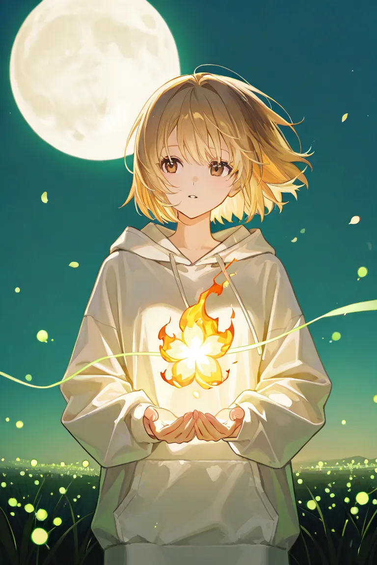 1girl, blonde, long blond golden hair flutters in the wind,   Dark brown eyes, Dark brown eyes , A girl in a white oversized hoodie, holding a fiery gold light, light in the palms, Shine, очень deep background   с небом пронзительного цвета, sakura,   Saku...