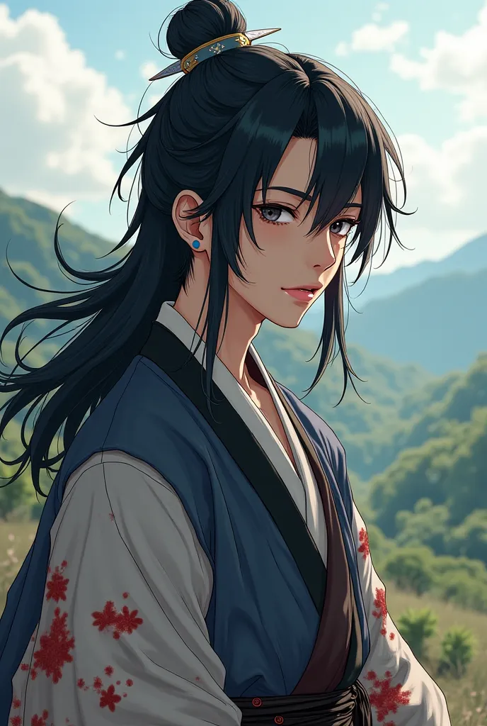 Make a guy in Korean anime style in a traditional Korean costume, that has long black but messy hair. What looks physically wounded and disheveled