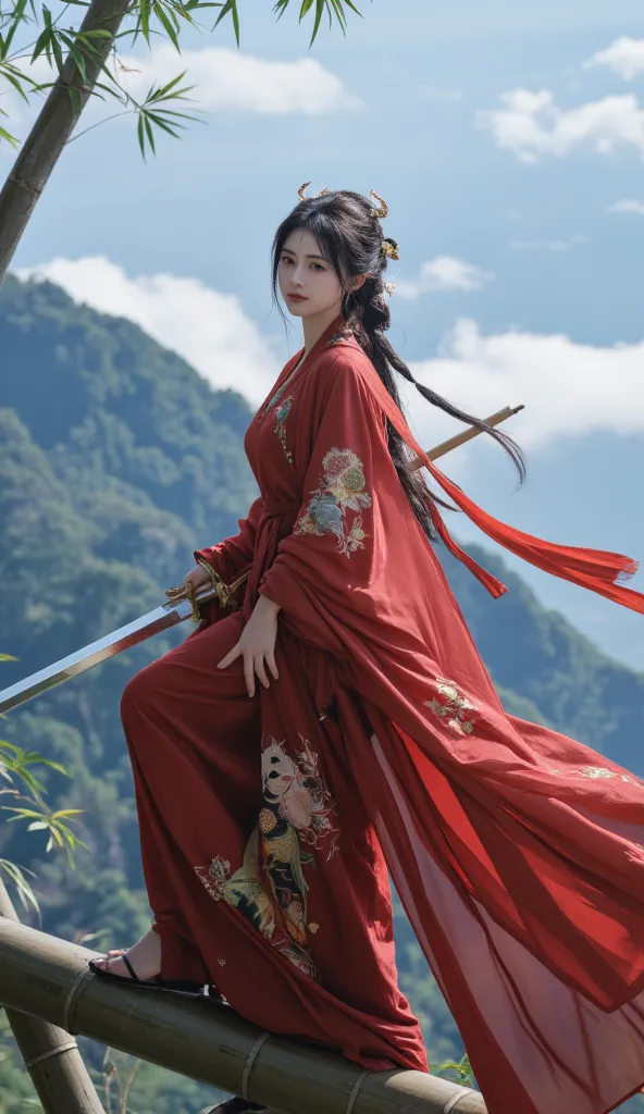 "Lady in Red Knight trekking on bamboo，Ming dyed gold horse mask dress flying，holding a gilt Tang sword reflecting cold light，background Huangshan Mountain and sea of clouds surging，cyberpunk style blue-orange light，OC renderer skin texture"