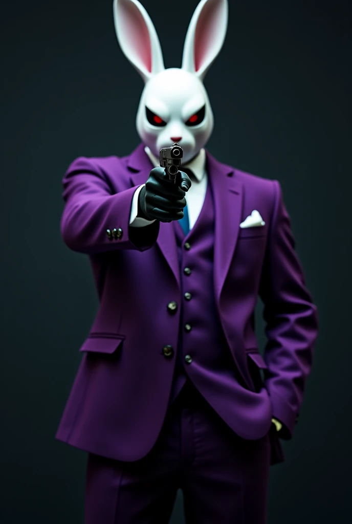 A character from the Payday game wears a purple suit, wears a white demon rabbit mask, holds a pistol aimed at the front.