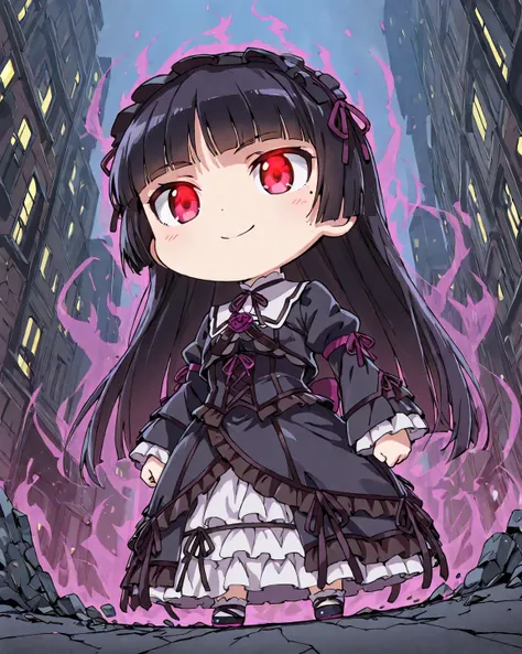 ( chibi),  1 girl, Alone, ruri gokou, hime cut, long hair, mole,  black hair,  Princess cut, red eyes, gothic lolita, dress, Hairband 
 BREAK
dark heroine, (Landing), Shadow Aura,  black robe , Eyes glowing red, Cracks in the ground , Mysterious Smile,  lo...