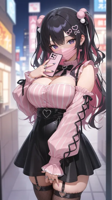 A girl is looking at a decorated smartphone, pink masks, black hair,Pink striped hair,two side up,ribbon and heart hair ornament,dark purple eyes,pink ruffle sleeves, c cup breasts,black high waisted skirt,Nail Art,ring,garter ring,(masterpiece,detailed:1....