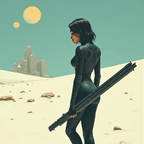 Space opera, planète, science fiction, fantastique. {X} dans un désert en sable blanche. Une femme maniant un fusil biomécanique ( long, avec des courbes arrondir des rebords tranchants.) {X} Vêtue un justaucorps biomécanique noire. ( noire substance. Déve...