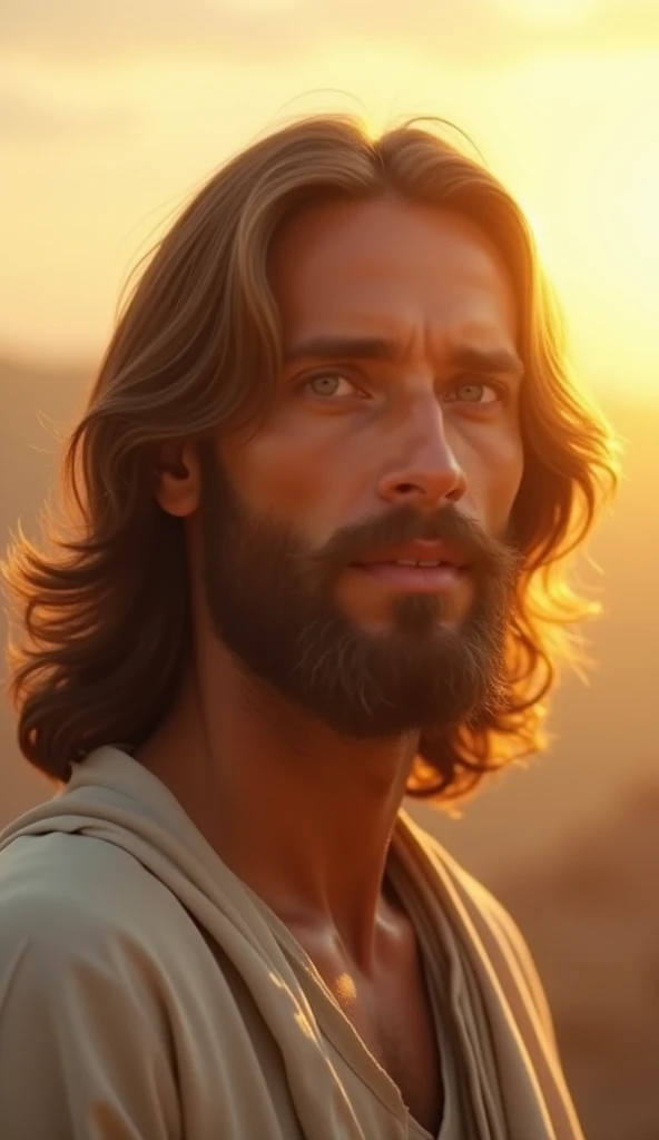 Here is a new prompt for generating an image of Jesus:

"Jesus looking directly at the viewer with a loving and serene gaze. His face is illuminated by a soft, heavenly light, radiating peace and compassion. He wears a simple tunic, with slightly wavy hair...